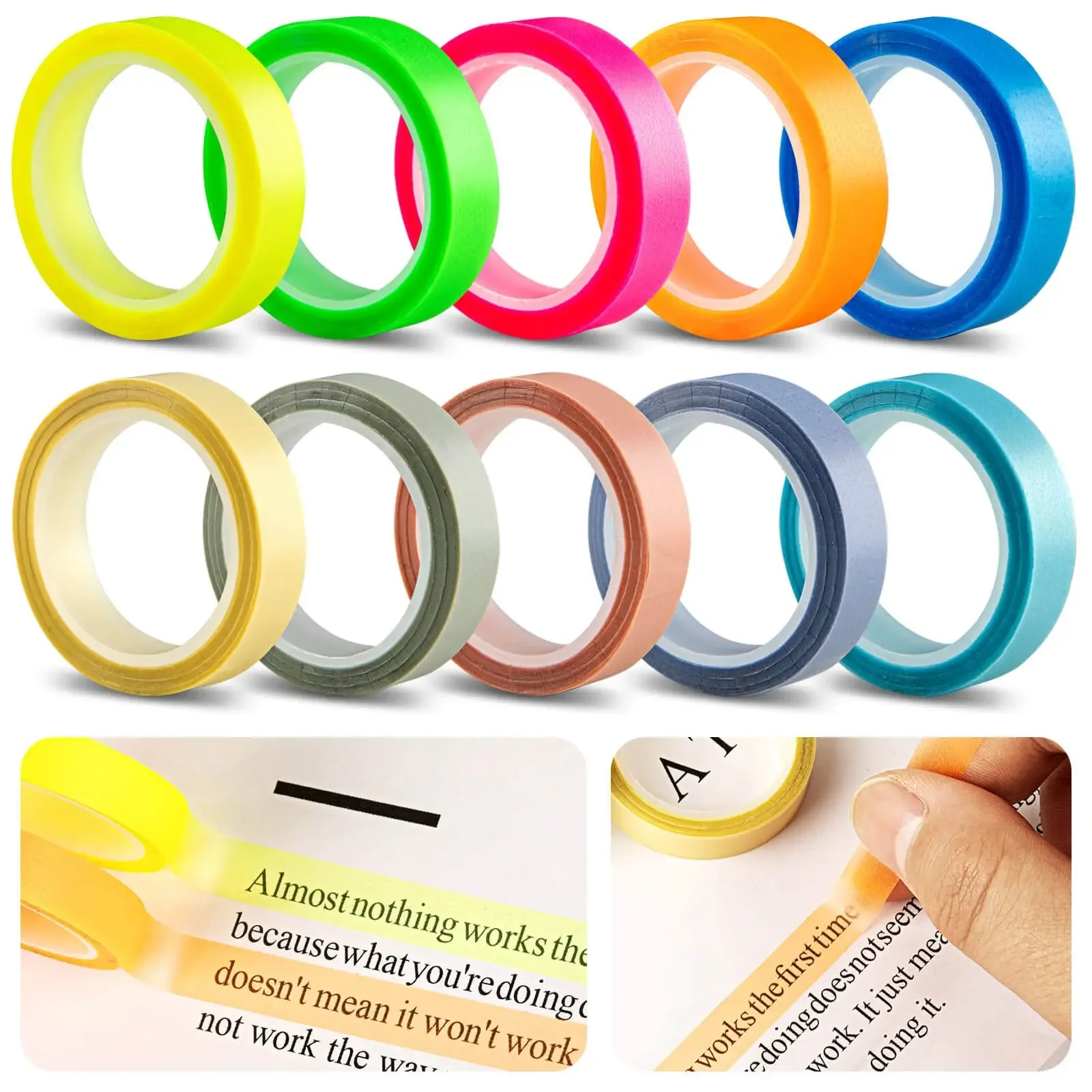 5Rolls Transparent Fluorescent Index Tabs Flags 5 Colors Book Annotation Sticky Note Highlighter Tape School Office Supplies