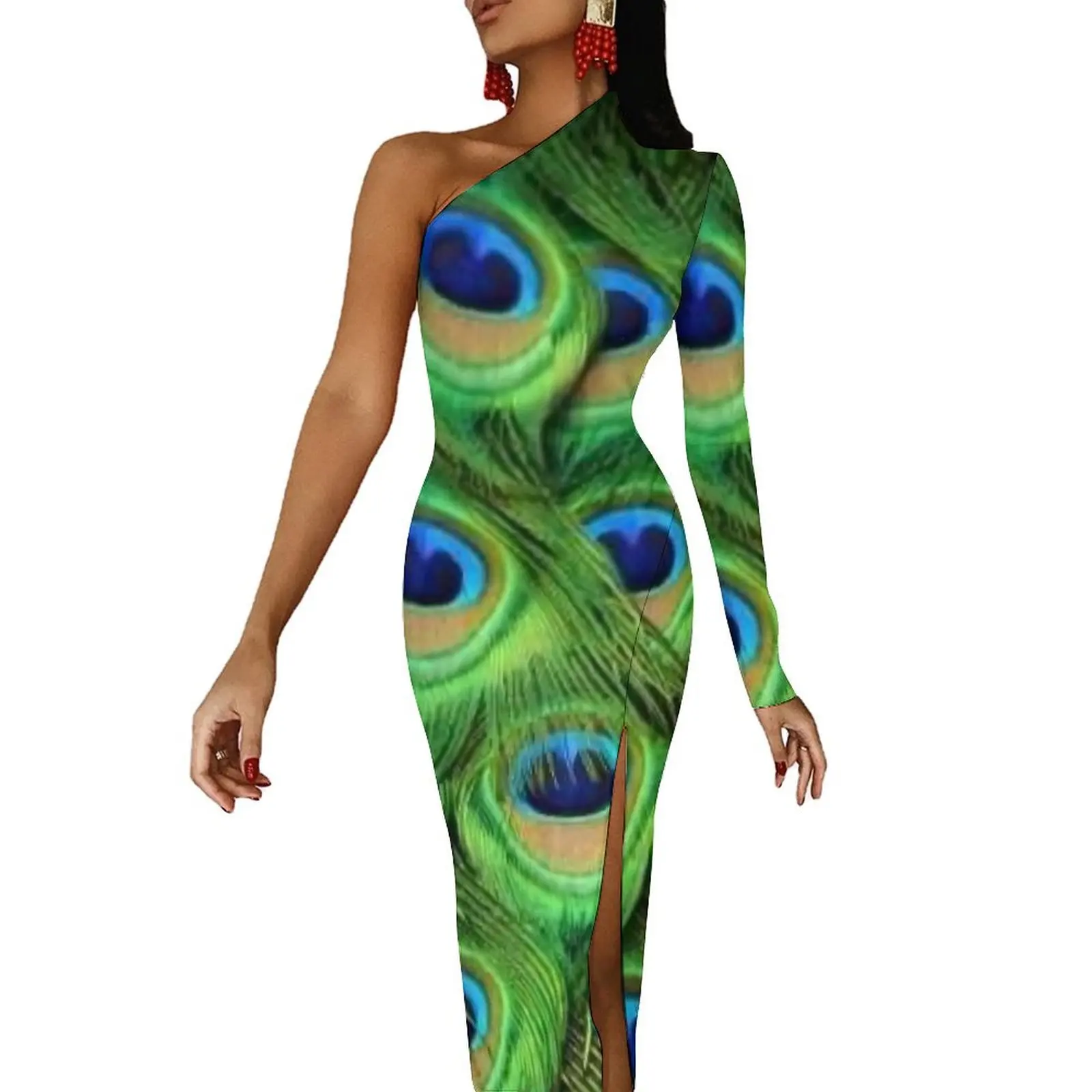 Peacock Feathers Bodycon Dress Ladies Animal Print Vintage Maxi Dress Long Sleeve Party Custom Dresses Gift