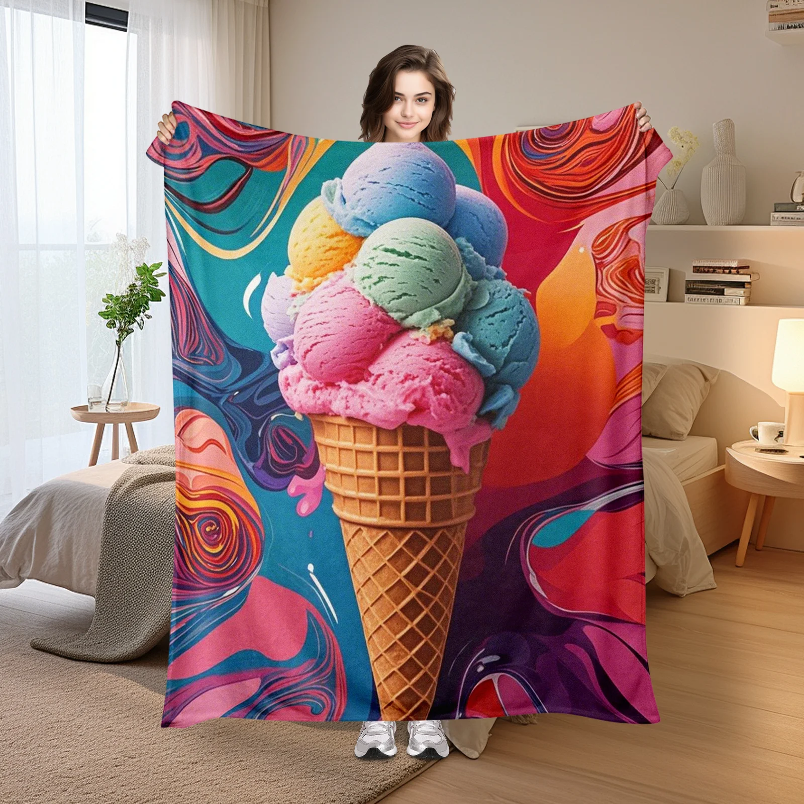 Vibrant Ice Cream Cone With Multicolor Paint Splash Design Creative Blanket For Unique Home Decor And Gift Inspiration