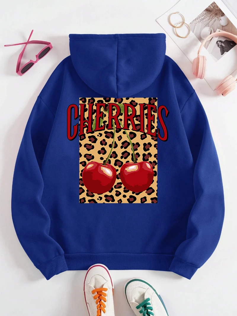 Leopard And Cherry Hoodies Women Fashion Prints Sporty Hooded Pocket Fleece Warm Winter Sweatshirts Casual Street Woman Clothing