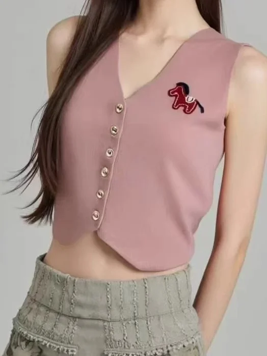 Women's V-Neck Button-Up Knitted Vest Sleeveless Slim Fit Casual Style Red Color Spring Summer Fashion Trend Body Shaping Top