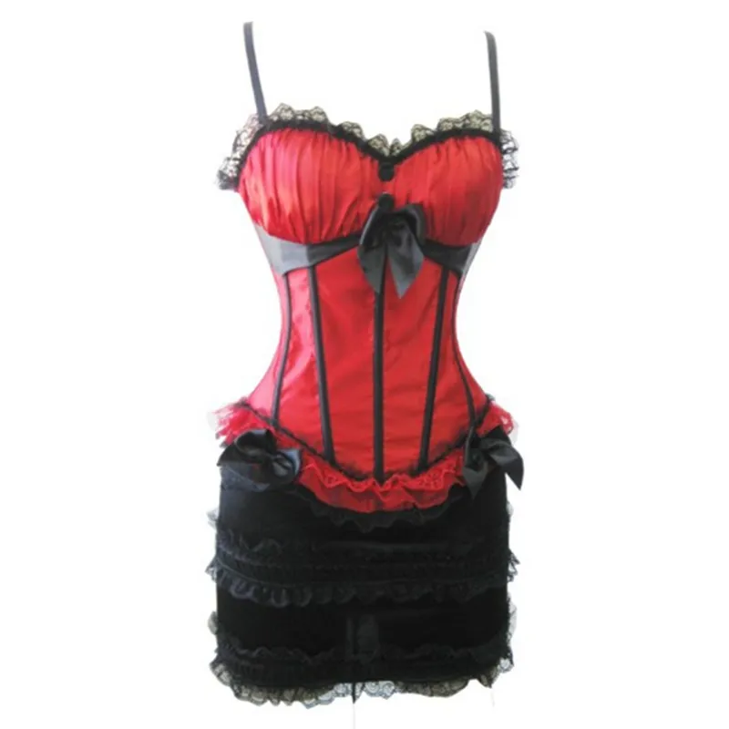 Sexy Woman Fancy Lace Bowknot Corset Top with Mini Tutu Skirt Red Satin Corset Dresses Showgirl Dance Carnival Party Costumes