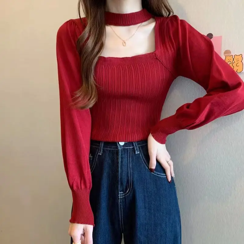 

Fashion Bubble Sleeve Knitted Base Sweater Women Square Collar Slim Casual Red Long Sleeve Top Pullover Jumper