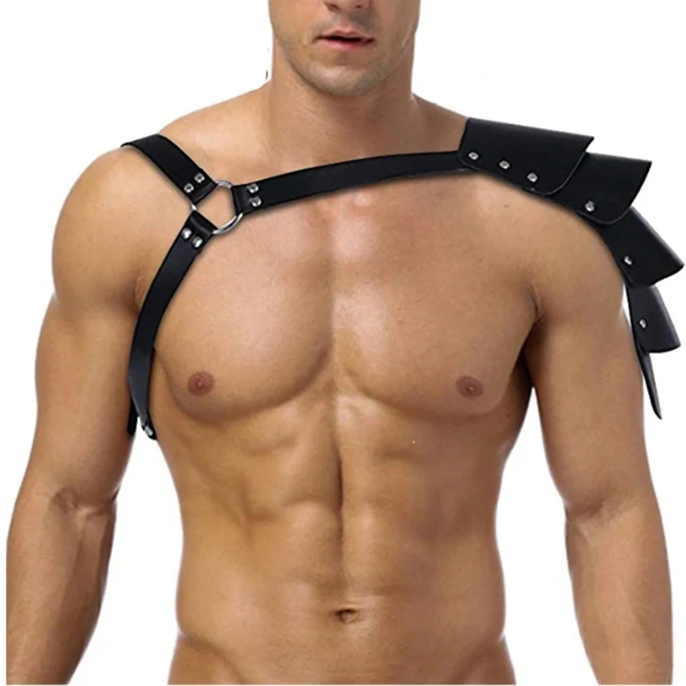 Black Men\'s Leather Sexy Body Harness Cross Shoulder Armor Fetish Halter Lingerie Adjustable Buckle Rave Club Outfit