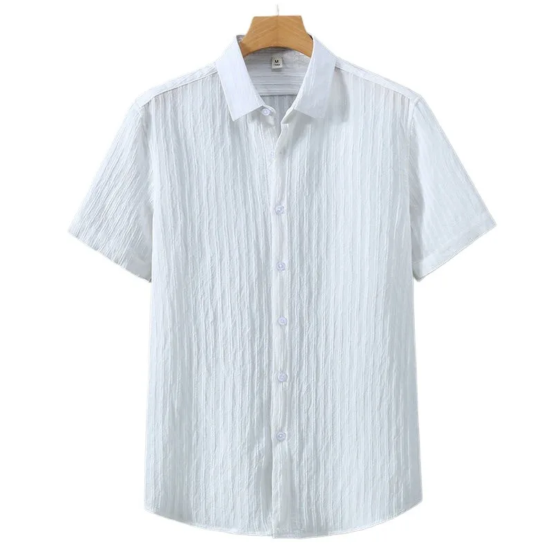 2025 Men's Clothing Short Sleeve Shirt Summer Linen Striped Jacquard Loose Fit Sun Protection UPF Breathable