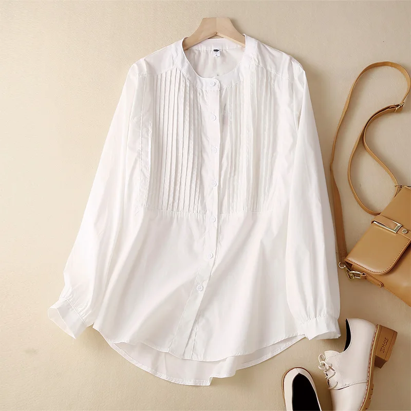 Casual Accordion Pleat round Neck Women's Shirt Pure Color Early Autumn Brand Tailor Design Commute Style Loose Fit Long Sleeve