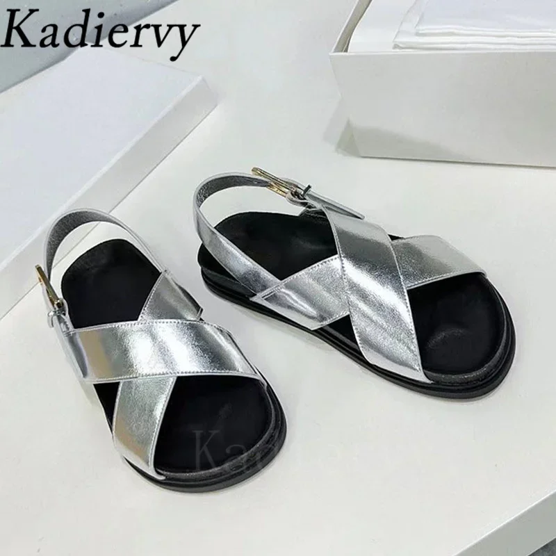 New Flat Sandals Woman Genuine Leather Cross Strap Holiday Beach Shoes Woman Thick Sole Roman Sandals Women Sandalias Mujer