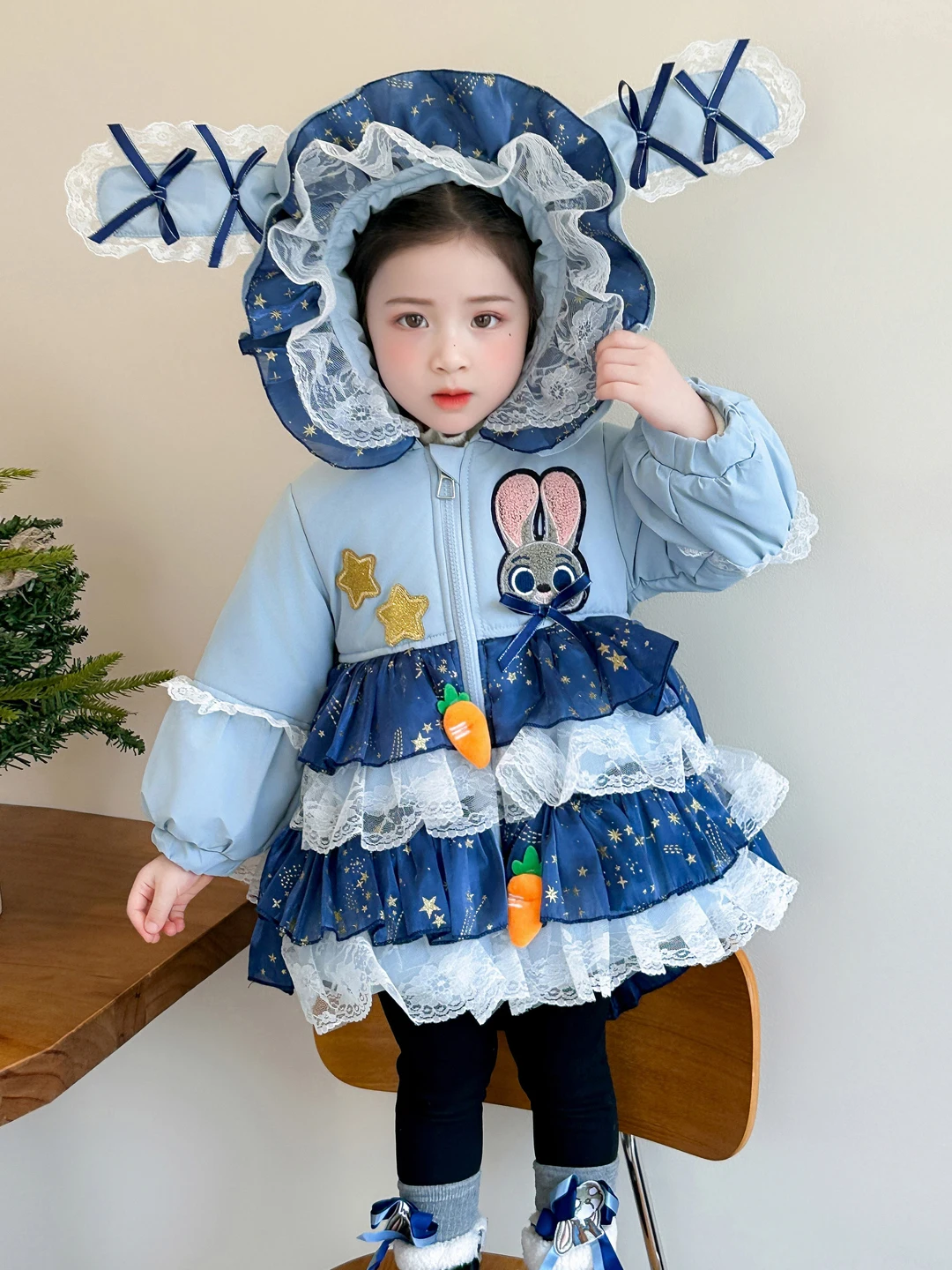 

Lolita Rabbit Police Girl's Winter Coat Thiened Warm Cotton Jaet with Hood Cartoon Print Sweet Sle Children's Outerwear