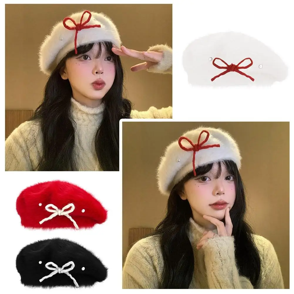 Lovely Wool Beret Hat Dome Winter Warmer Beanie Cap Hat Circumference Detail Design Painter Large With Casual Bow Head Y8V5