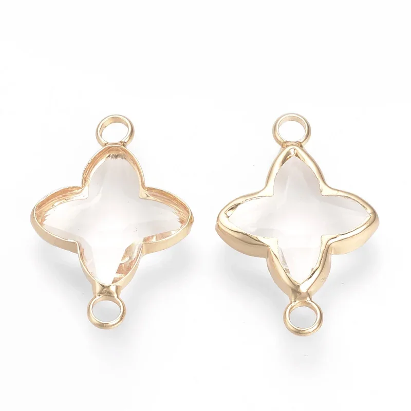 

5pcs Glass Links connectors with Brass Findings Faceted Cross Nickel Free Golden Clear 21x14x3mm Hole: 2mm