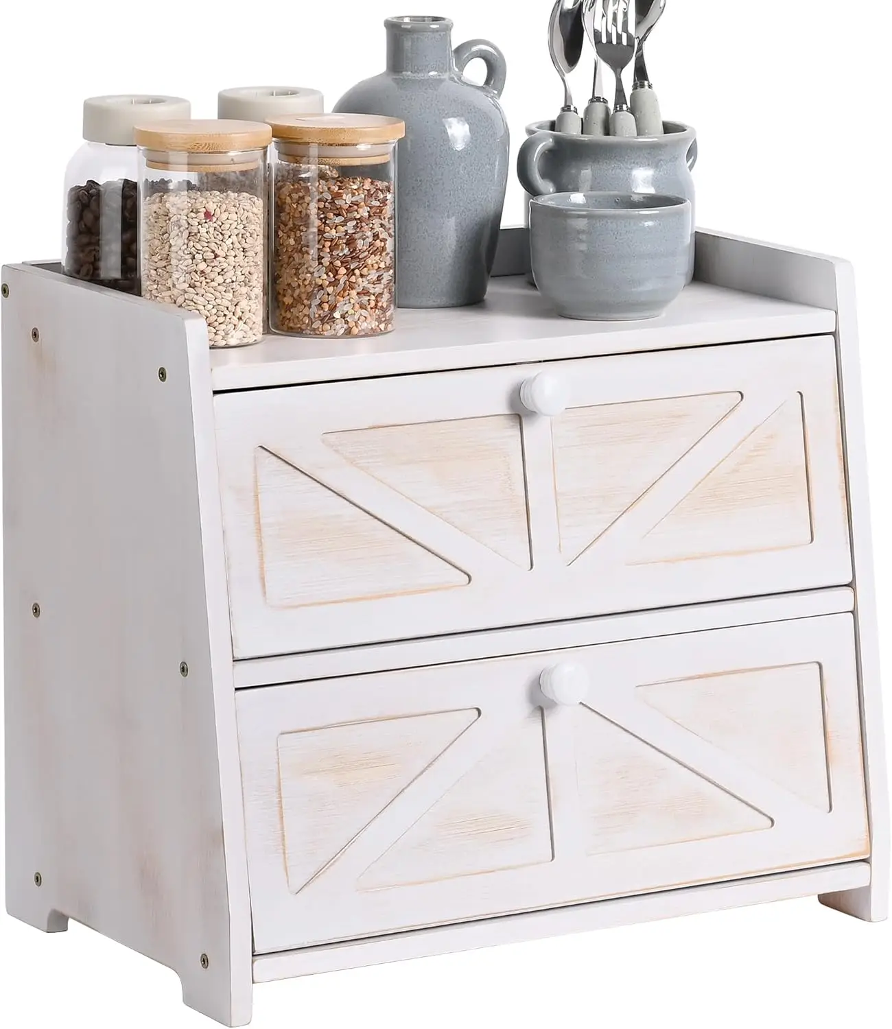 

Vintage Double Layer Bamboo Bread Box, Large Capacity Kitchen Storage Container for Homemade Bread (White)