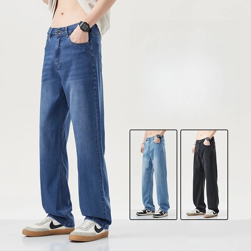 New Business Casual Men's Jeans Summer Thin Lyocell Ice Silk Straight Stretch Denim Trousers Classic Versatile Baggy Jeans Male