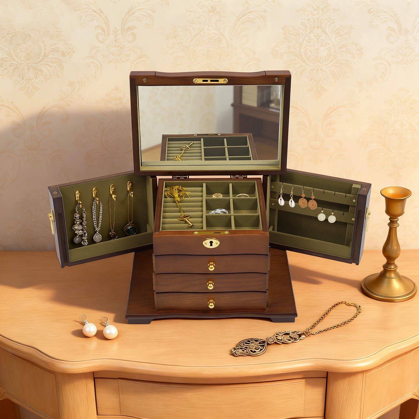 4-tier Multi Functional Jewelry Box Wooden Jewelry Storage Box with Combo Lock for Jewelries, Ring,Necklace and Watches