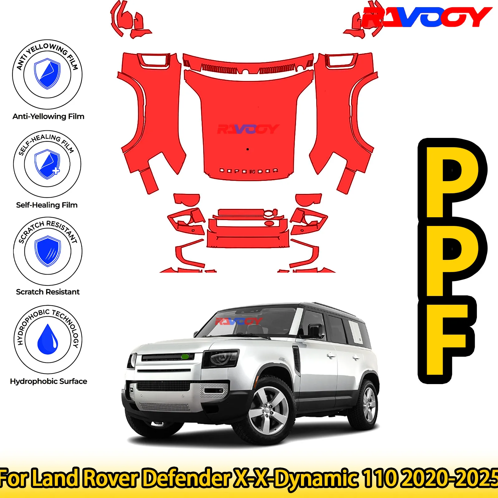 

Для Land Rover Defender X-X-Dynamic 110 2020-2025, глянцевая матовая черная предварительно вырезанная передняя пленка PPF, комплект защиты от краски