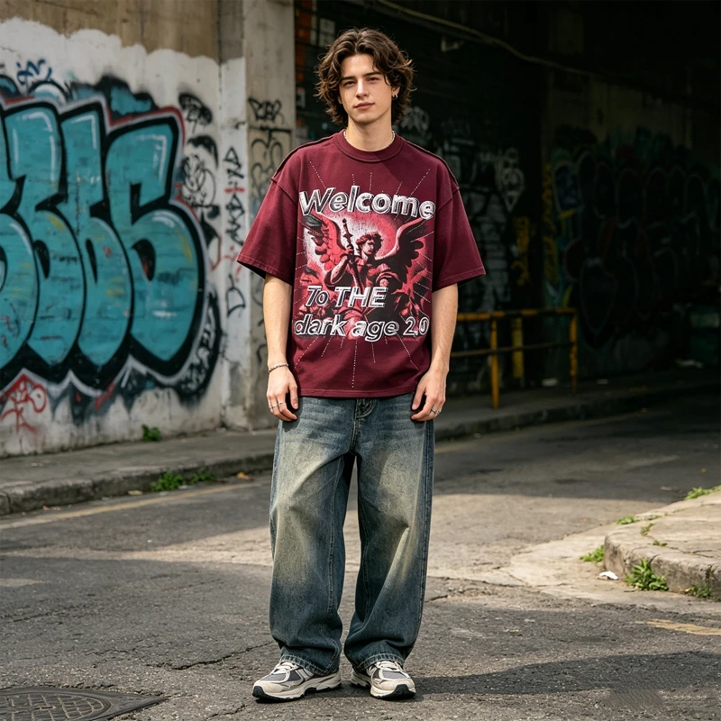 Vintage Washed Pink Angel Print Strass T-Shirt Herren Oversized Streetwear Y2K Gothic Grunge Rundhals Lässiges Grafik-T-Shirt – Detail 3