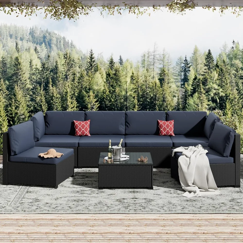 

7 Piece Patio Furniture Set, Outdoor Furniture Patio Sectional Sofa, All Weather PE Rattan Outdoor Sectional with Blue Cushion