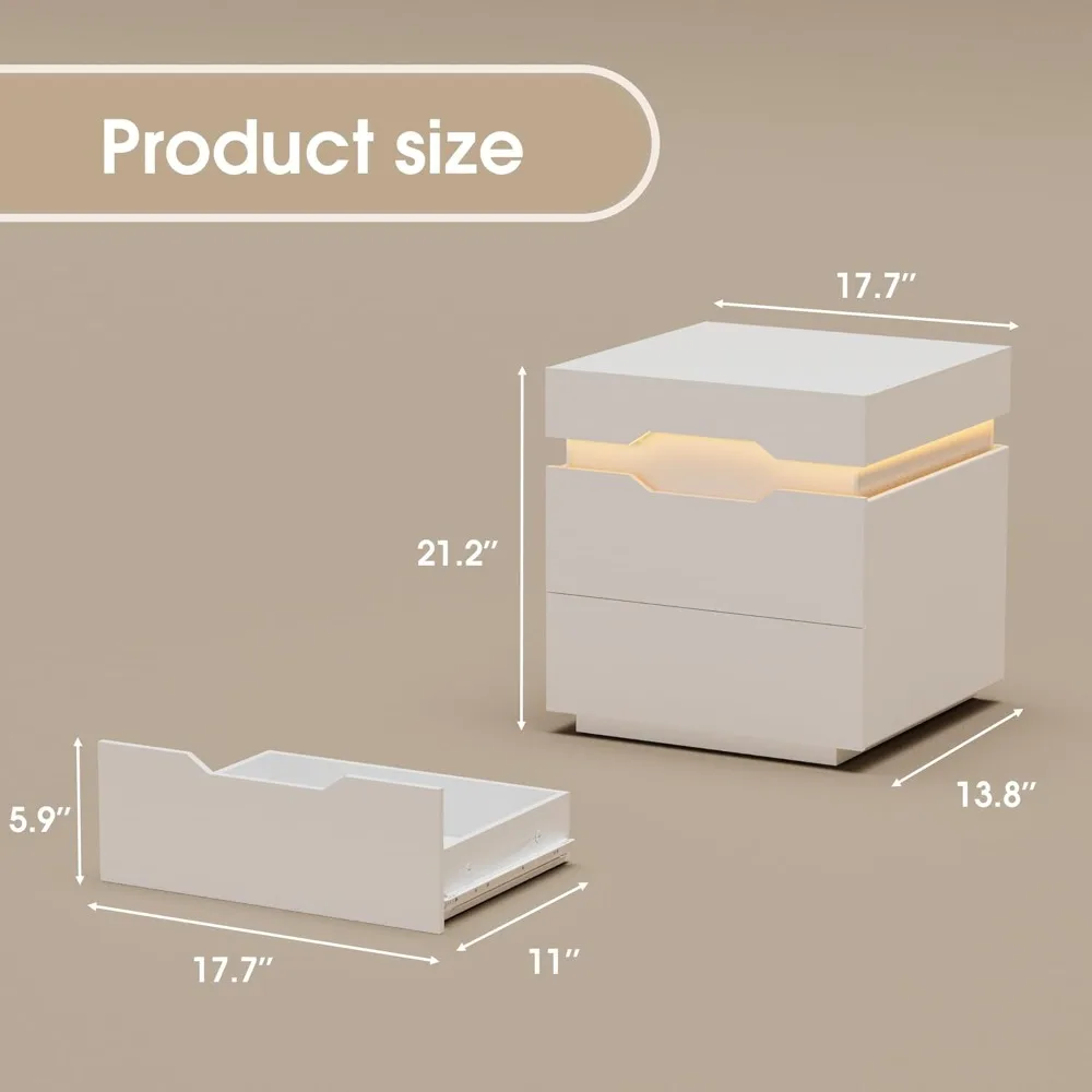 طقم طاولات ليلية مكون من قطعتين مع قاعدة شحن وسطح منزلق، وطاولة جانبية بسعة كبيرة، وطاولة بجانب السرير مع درجين