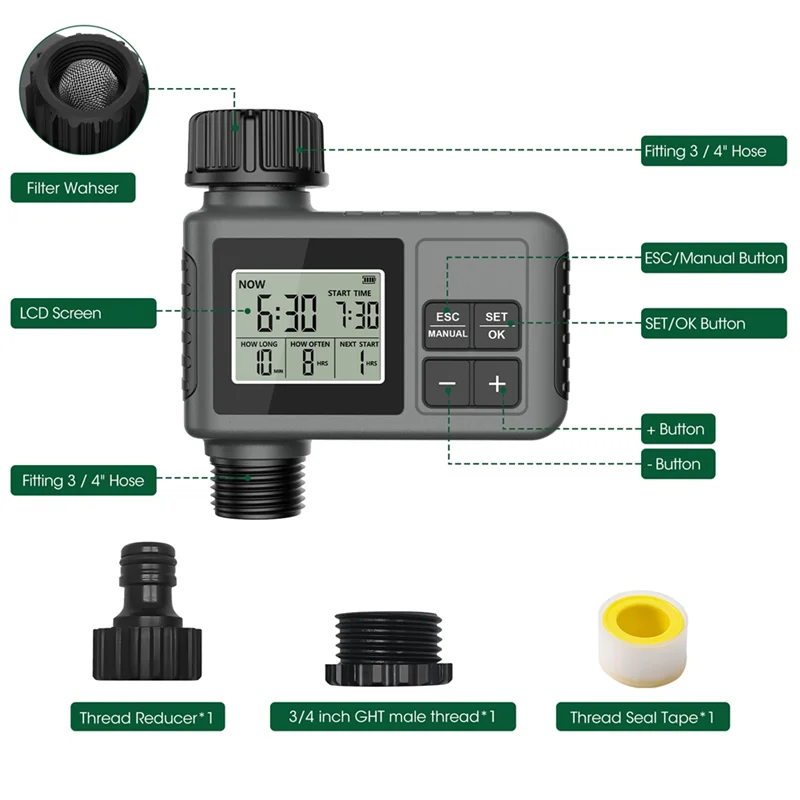 -A90P Smart Water Timer Intelligent 1-Outlet Irrigation Watering System Sprinkler Timer Garden Programmer LCD Display