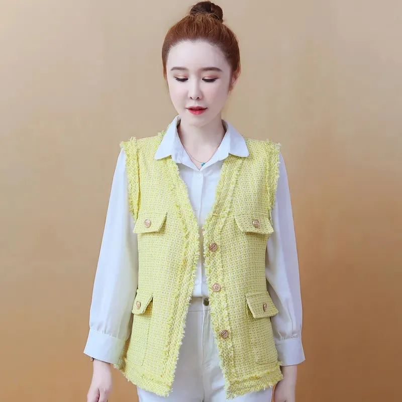 Fashion Rough Flowers Woolen Vest For Women 2024 Spring Autumn New Loose Elegant Casual Sleeveless Woolen Jacket Yellow White