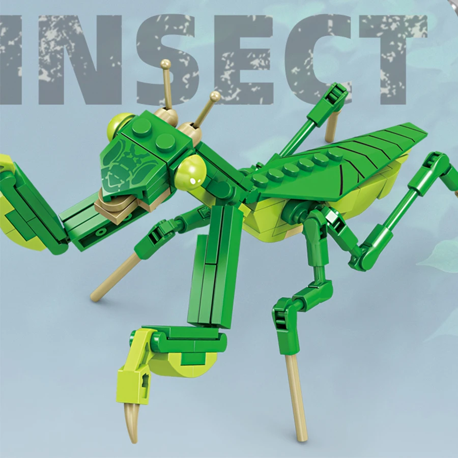 Bloco de montagem de insetos criativos, modelo de montagem de mantis de oração verde, montagem de pequenos animais para crianças, brinquedo para presente