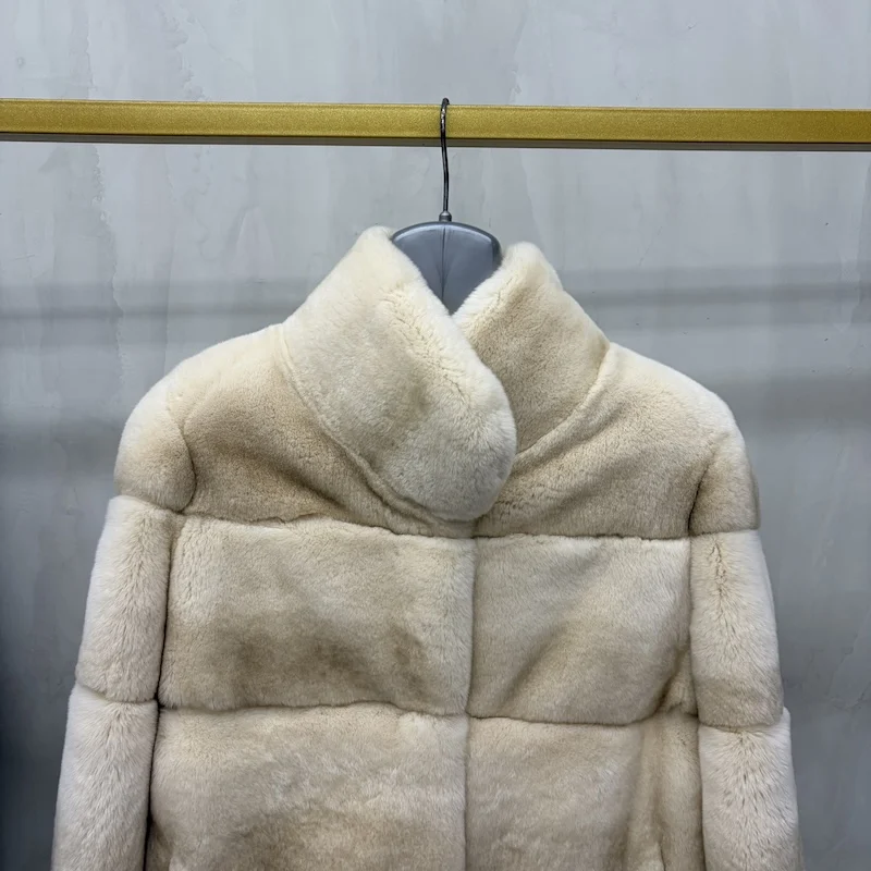 Women Real Rex Rabbit Fur Coat Stand Collar Short Jacket Chinchilla‑Look Pattern Horizontal Stripe Winter Warm Female Coat