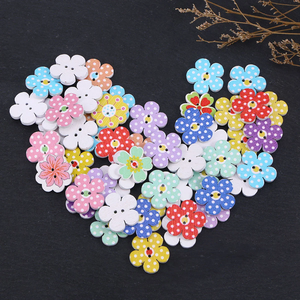 

50 Pcs 2cm Wooden Buttons Colorful Flowers 2 Holes Buttons Baby Sweater Buckles Sewing Craft Scrapbooking DIY Buttons (Random Co