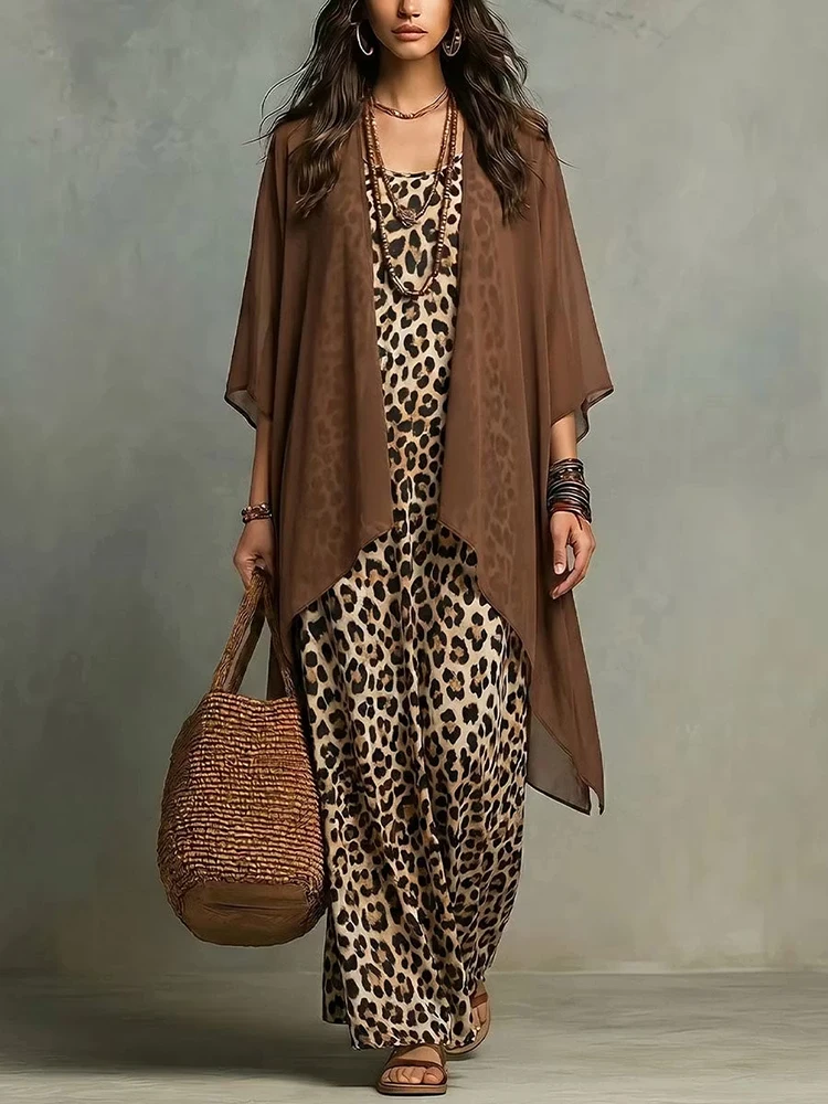 Vintage Leopard Printed Long Dress Outfits Sexy Off Shoulder Spaghetti Strap Dress & Cardigan Set Casual Cover up Matching Suits
