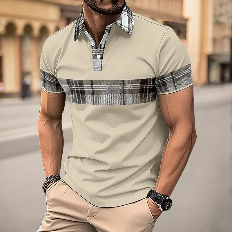 Men\'s POLO Shirt 3D Printed Plaid Pattern Button-down Shirt Summer Male Fashion Casual Business Style Oversized Golf Clothing