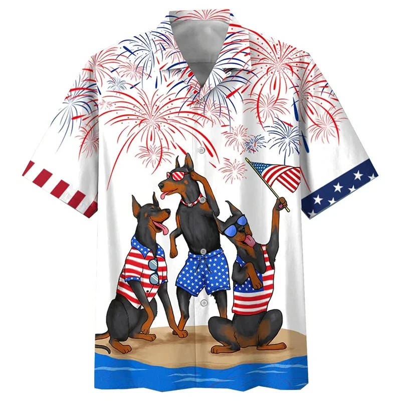 Moda bandiera USA camicie stampate in 3D per uomo abbigliamento divertente animale cane grafico manica corta camicie da spiaggia hawaiane vacanza Y2k Top