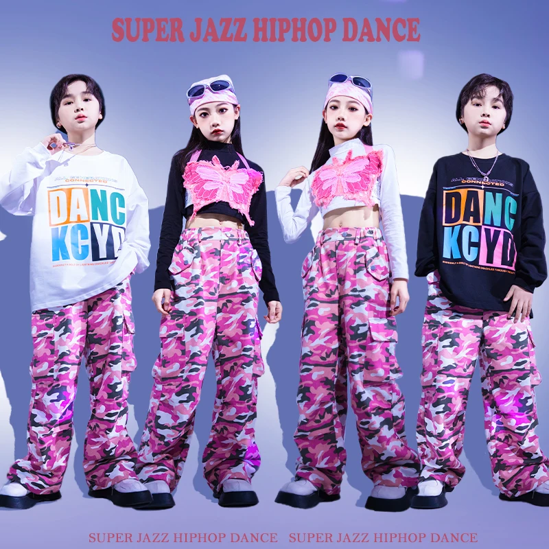 Kids Teenage Hip Hop Clothing Crop Tank Tops Sweatshirt Pink Camo Cargo Pants Streetwear for Girl Jazz Dance Costumes Clothes