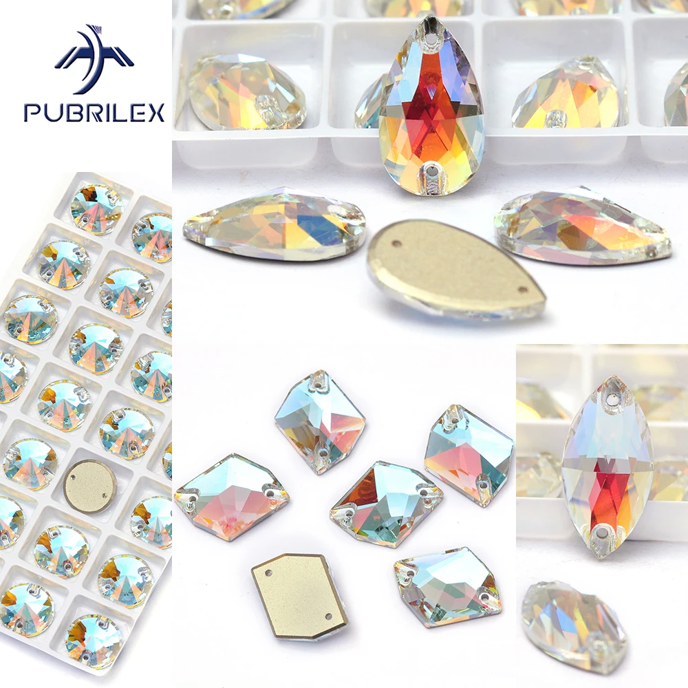 PUBRILEX كونياك مزيج أحجام بريق الأحجار الكريمة خياطة على بلورات ستراس ظهر مسطح الخياطة الزجاج الراين لفستان الملابس والاكسسوارات
