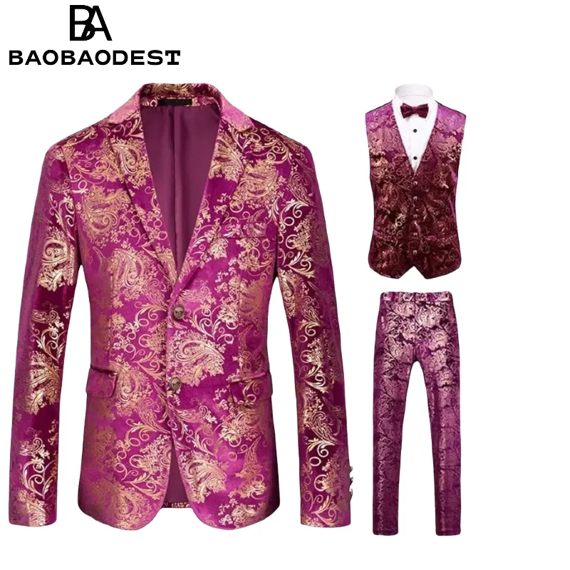 

Мужской смокинг из трех частей с цветочным принтом | Комплект приталенного кроя с 2 пуговицами (куртка + жилет + брюки) для свадебных/выпускных вечеринок/банкетов