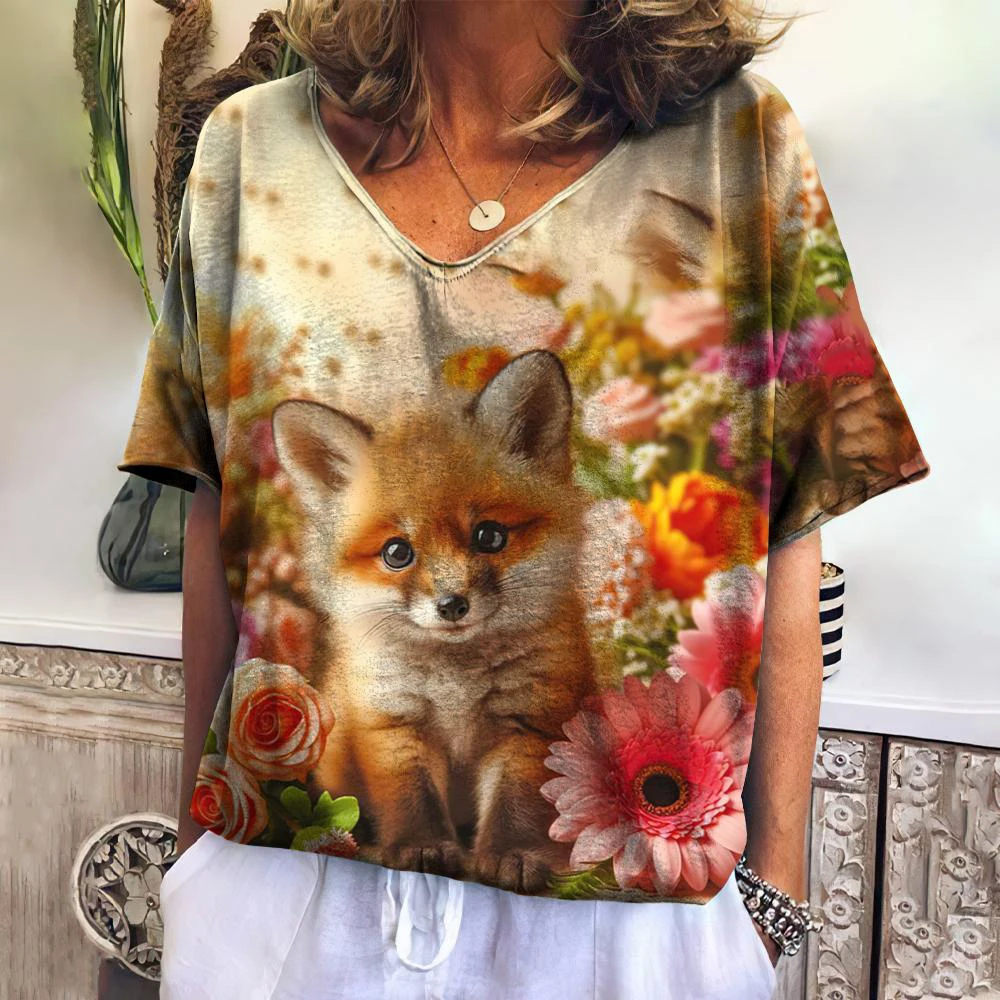 Cartoon Fox 3D 프린트 티셔츠 여성 빈티지 v 넥 반팔 티셔츠 Y2K 동물 티셔츠 오버 사이즈 하라주쿠 탑 여성 의류
