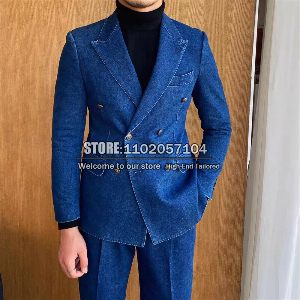 Man Double Breasted Suits Blue Denim Jacket Pants 2 Pieces set Men's Dinner Party Prom Blazer Tailor-made Groom Wedding Tuxedos