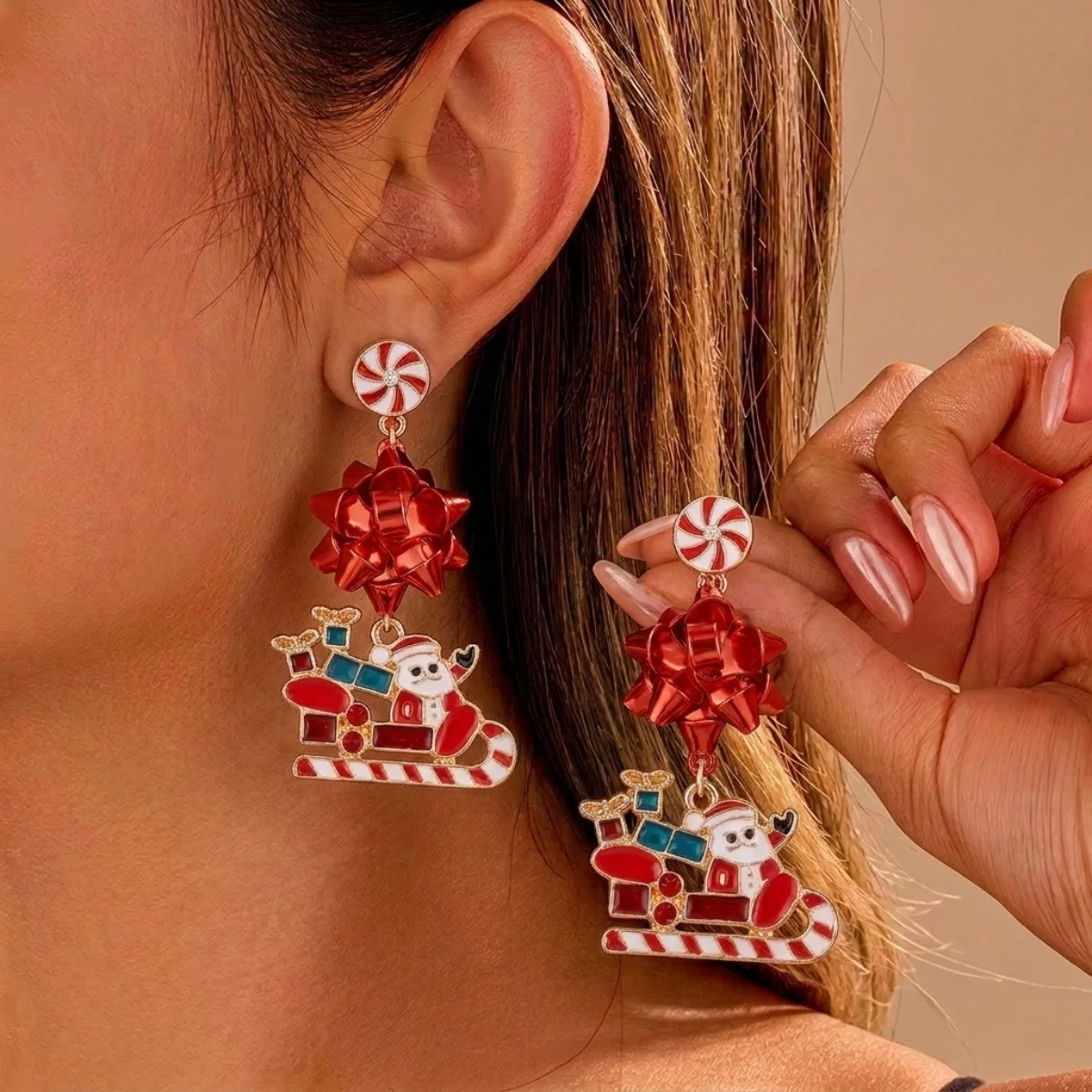 Weihnachtliche Emaille-Ohrringe mit Rentier-Motiv, Schleifen- und Quasten-Design für Damen, Weihnachtsmann-Schlitten, Süßigkeitenhaus, Geschenk-Schmuck – Detail 10