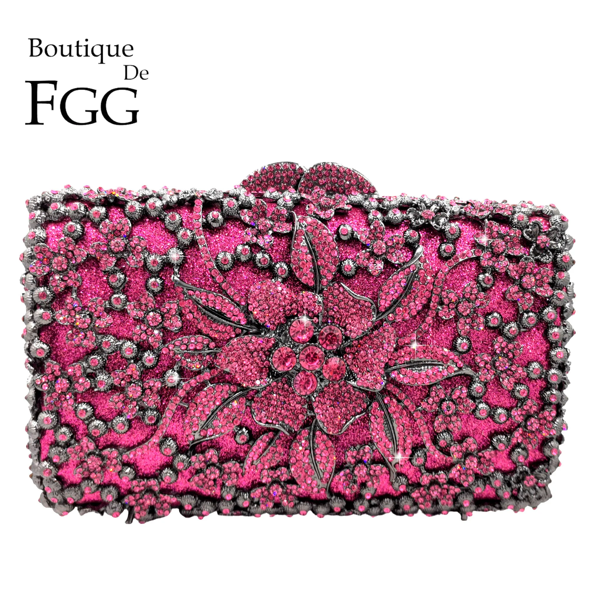 Boutique de FGG Fuchsia Rhinestone Clutch Purses for Women Formal, Wedding Bridal Crystal Clutch Bag, Metal Evening Handbags