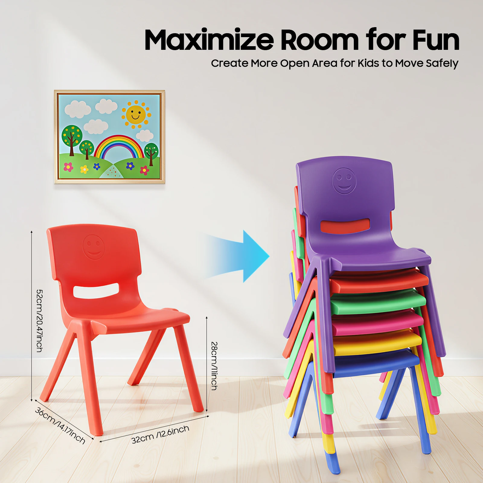 Vibrant Kids Stackable Chairs Set of 6 - 220lbs Capacity, Ergonomic PP School Chairs for Classroom, Daycare, Home, Lightweight