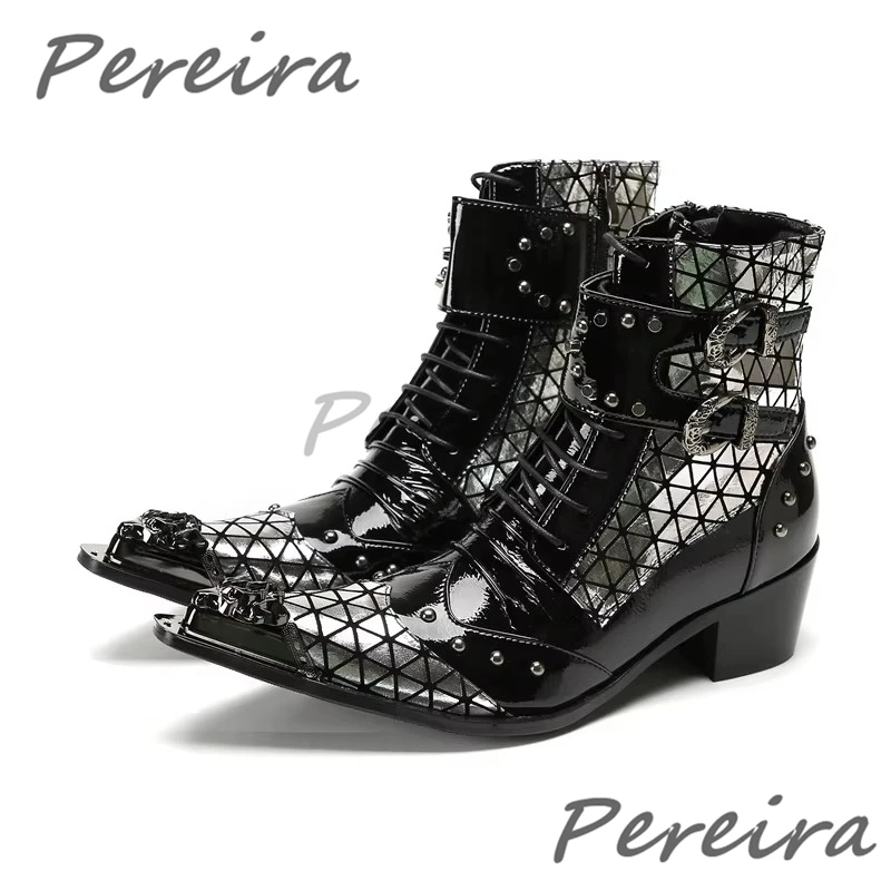 Black Gold Mixed Colors Patent Leather Men Boots Iron Pointed Toe Double Buckle Chelsea Shoes Punk Style Rivets Lace Up Boots