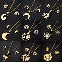Bohemian Stainless Steel Sun Mandala Charm Necklace Women Geometric Map Jewelry Set Girls Romantic Moon Star Earring Accessories