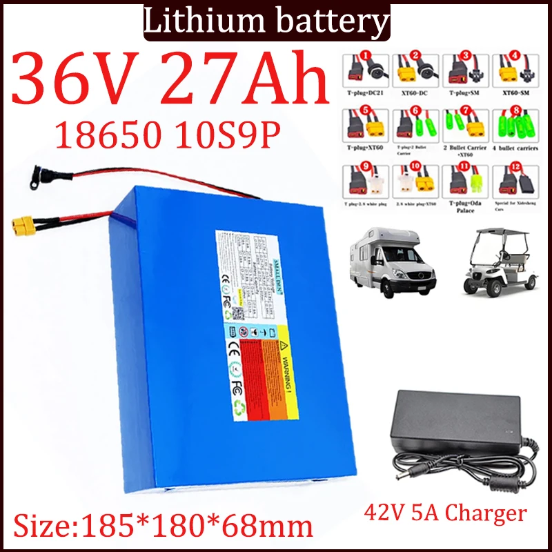 36V 27Ah 18650 10S9P 30000mAh large capacity lithium battery pack with BMS 0-1000W High Power spare high quality battery+charger