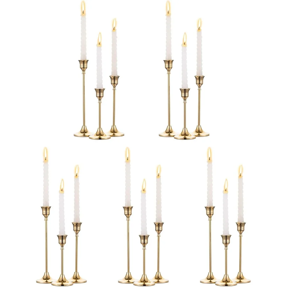 

5 Sets(15 Pcs) Brass Gold Metal Taper Candle Holders Candlestick Holders, Vintage Modern Decorative Centerpiece Candlestick