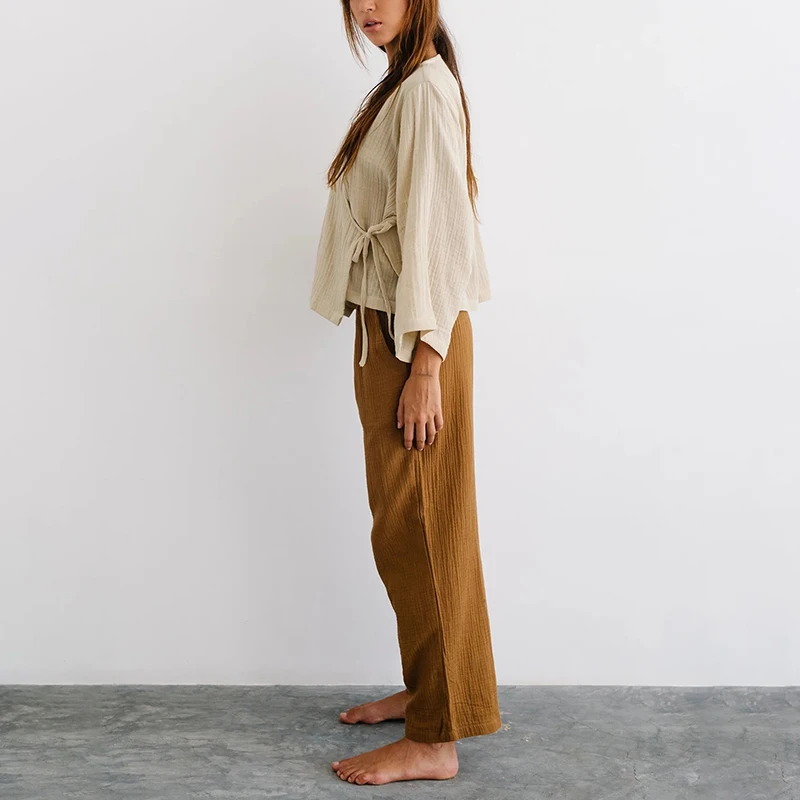 100% Cotton Muslin Gauze Wrap Top V-Neck Long Sleeve Blouse Women Casual Elegant Bandage Shirts