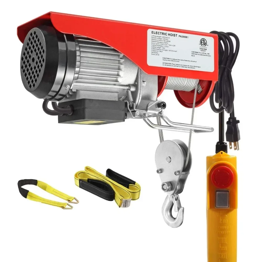 

440Lbs Lift Electric Hoist Crane Remote Control Power System, 110V Electric Hoist Zinc-Plated Steel Wire Overhead Crane Garage