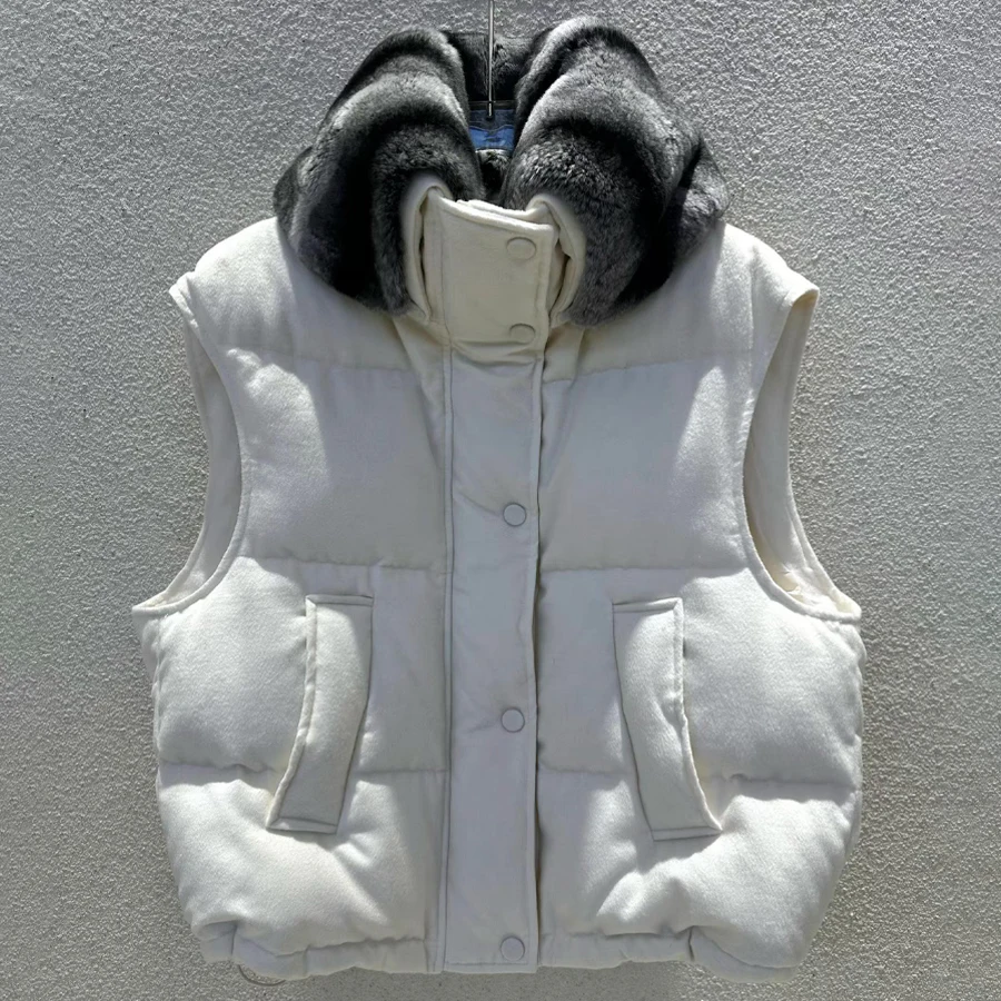 Bijgesneden pufferjack dames korte ganzendons jas wol kasjmier puffervest dames winter bovenkleding