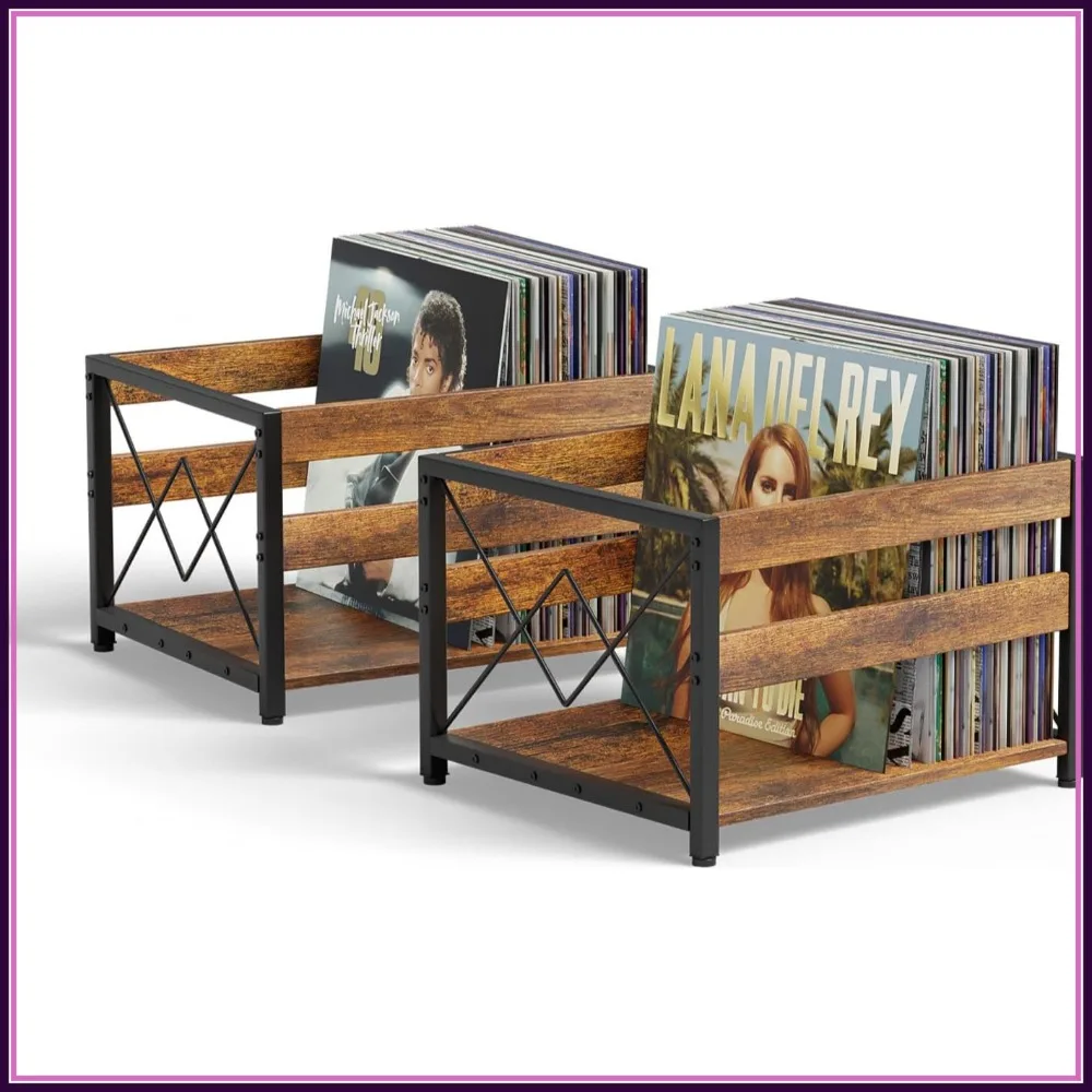 

2 Packs Vinyl Record Storage Crate, Wooden Cube Organizer Holds 100+ Records, Classic Magazine Rack for Home Office