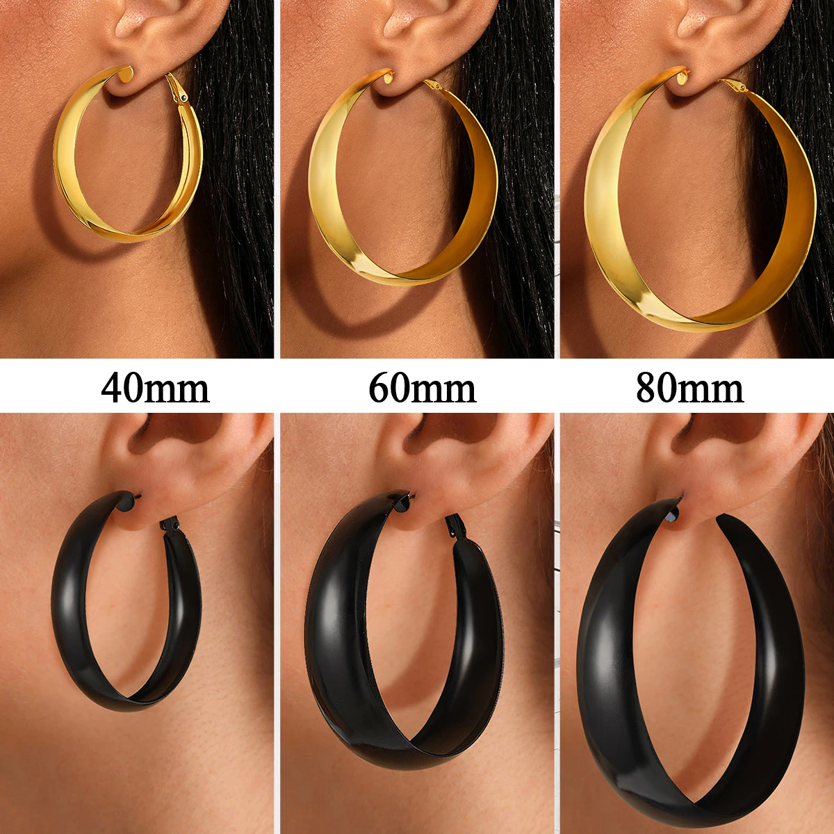 U7 Stainless Steel 40/60/80mm Curve Band Round Hoop Earrings for Woman Small Large Statement Hoops Lightweight Ear Jewelry Gift