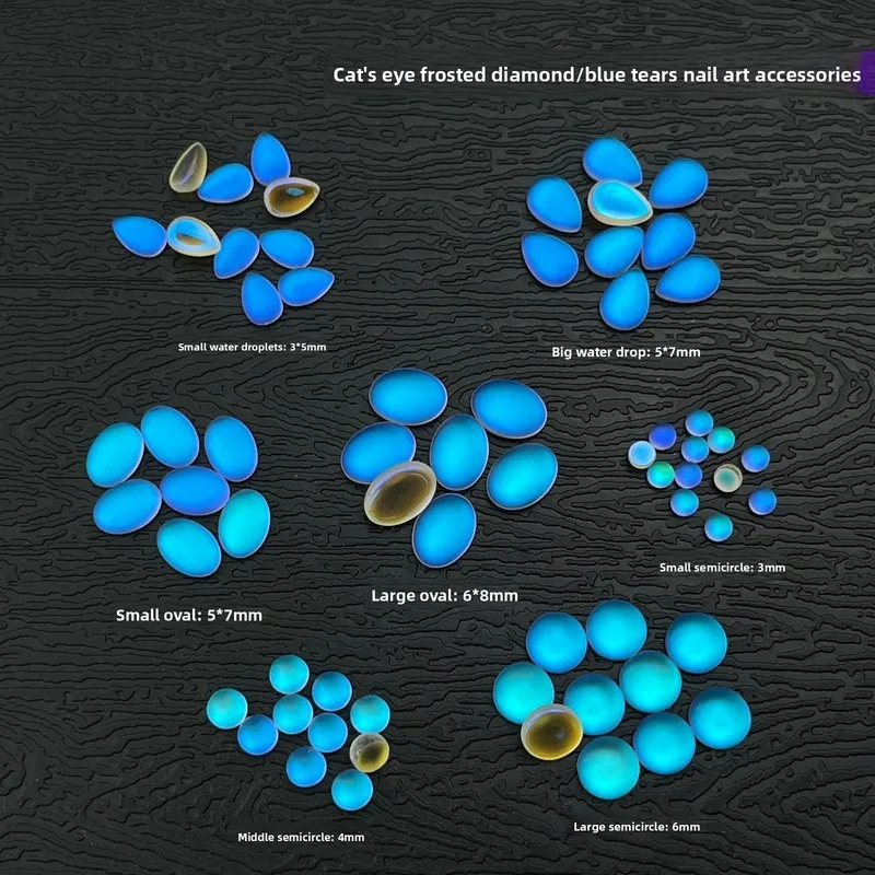 50Pcs Blue Tears Nail Charms Popular Cat Eye Matte Rhinestones Teardrop Oval Glass Rhinestones DIY Nail Art Decor Accessories