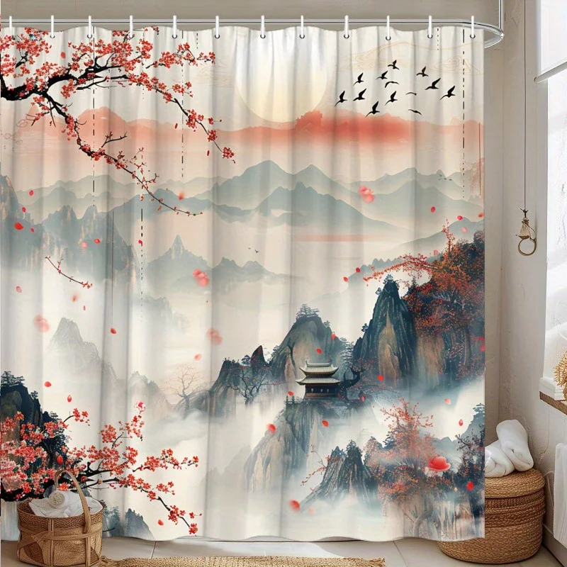 

Цельная занавеска для душа Serenity Mountain Tower, вишневый цвет и пейзажный дизайн тумана - Serene Oriental Ambience