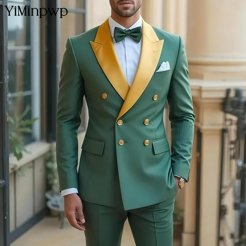 

YiMinpwp Green Men's Suits Slim Fit Double Button Jacket Pants 2 Pcs Formal Wedding Costume Tailoring Weddings Dresses 2026