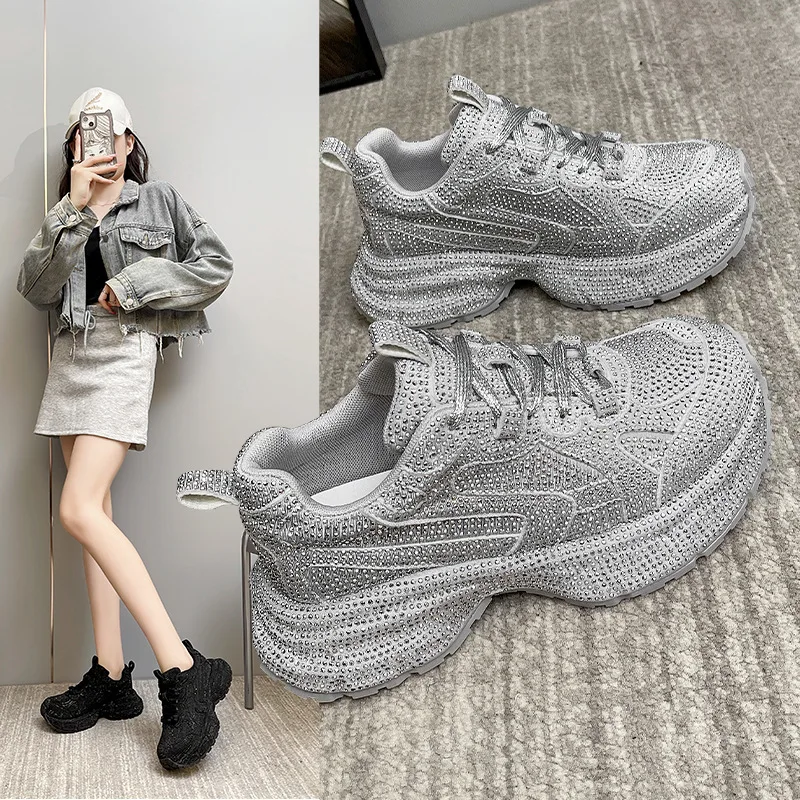 Fashionable Casual Diamond Encrusted Women's Sport Shoes Breathable High Top Parent-Child Matching Flat Thick Bottom Rubber